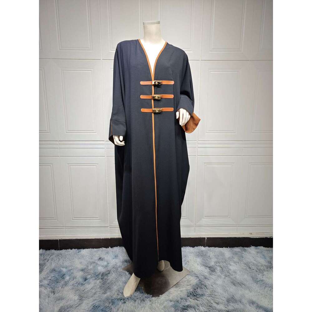 Modest Fashion Cardigan With Leather Buttons Abaya Turkish Color Block Long Robe For Outerwear Arabic B5