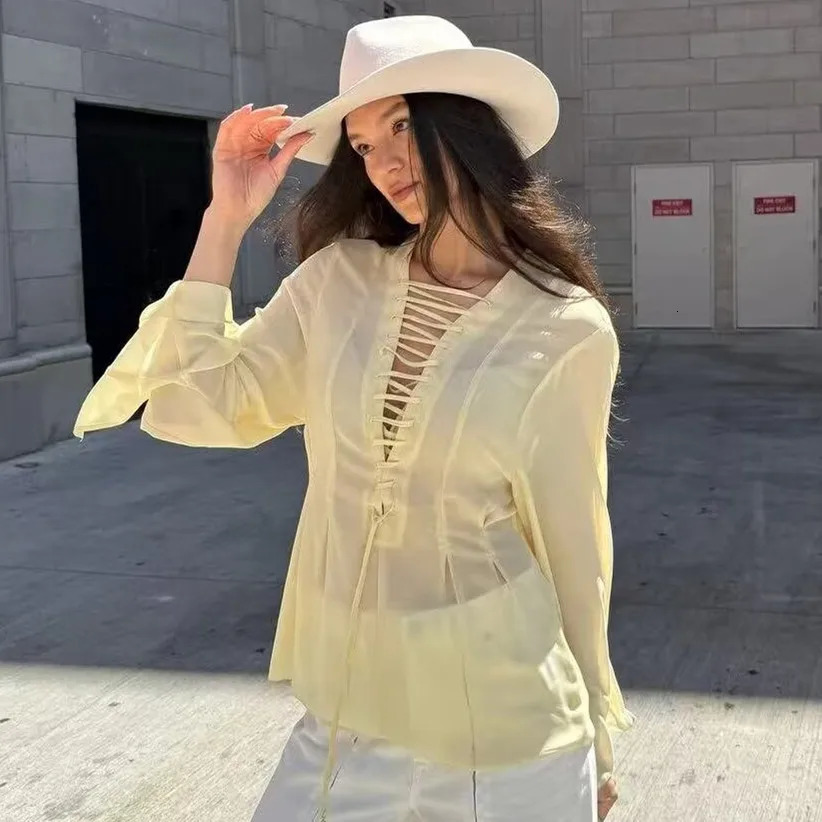 Elegant Chiffon Lace Up Shirt Women Yellow Long Sleeve O-neck Loose Female Blouse Fashion Summer Solid Holiday Top 250603 - view 7