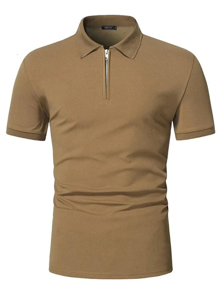 Mens polo shirt solid color short-sleeved zipper lapel T-shirt casual top 250604