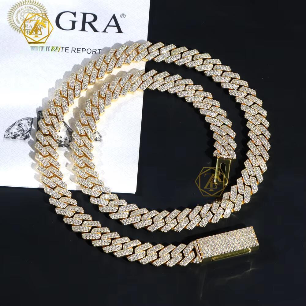 Moissanite Elegant decoration VVS Solid Sterling Sier Hip Hop Necklace 20Mm Iced Out Prong Moissanite Cuban Link Chain Free door-to-door delivery