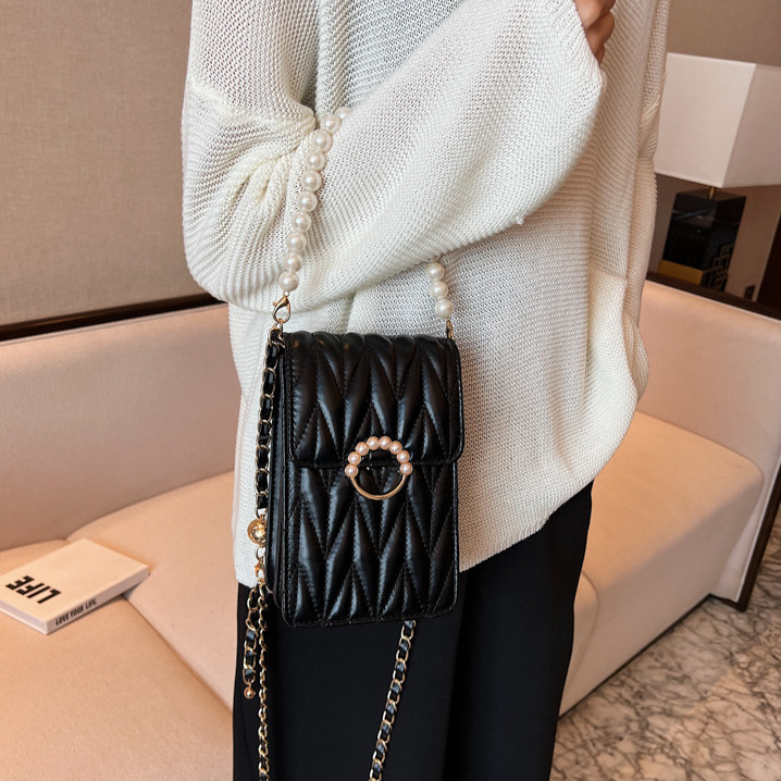 Free Shipping Mini Phone Bag Shoulder Bag Women's New Trendy Summer Versatile Pearl Chain Crossbody Bag Fashion Mesh Handbag