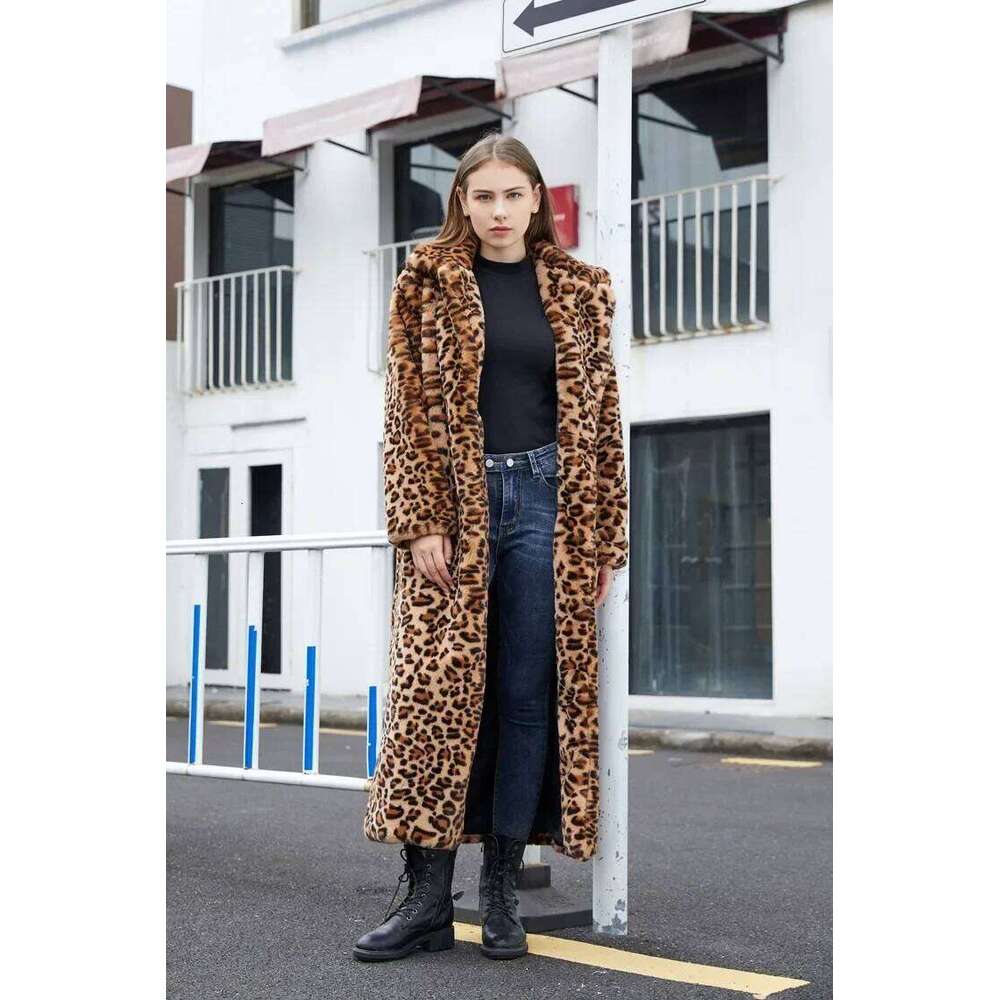 2024 High Street Leopard Print Long Fuzzy Jacket for Women Winter Faux Rabbit Plush Coats and Jackets Coat Fur