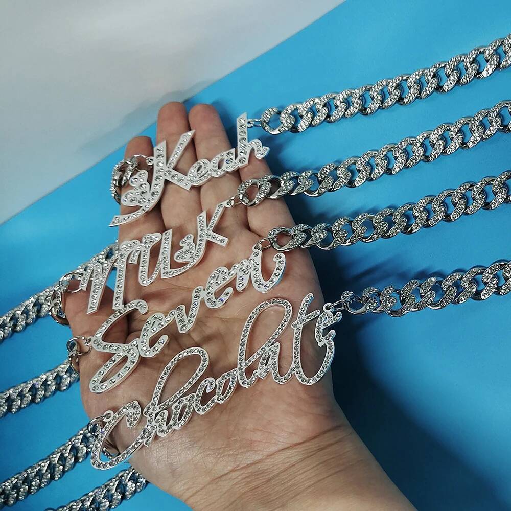 AI Customized Stainless Steel Word Name Necklace 1.2cm Rhinestone Chain Miami Cuban Link for Men Women Hip hop Jewelry