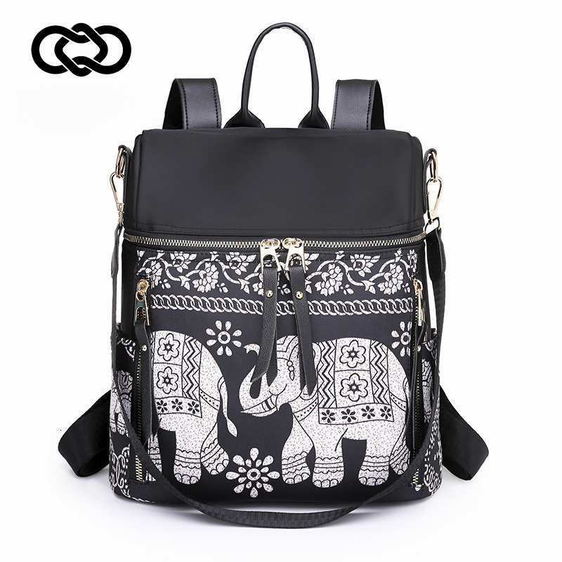 Free Shipping Elephant Print Oxford Cloth Outdoors Backpack For Women Casual Multi-functional Bag Designer Bag Ethnic Style Student Shoulder And Cross