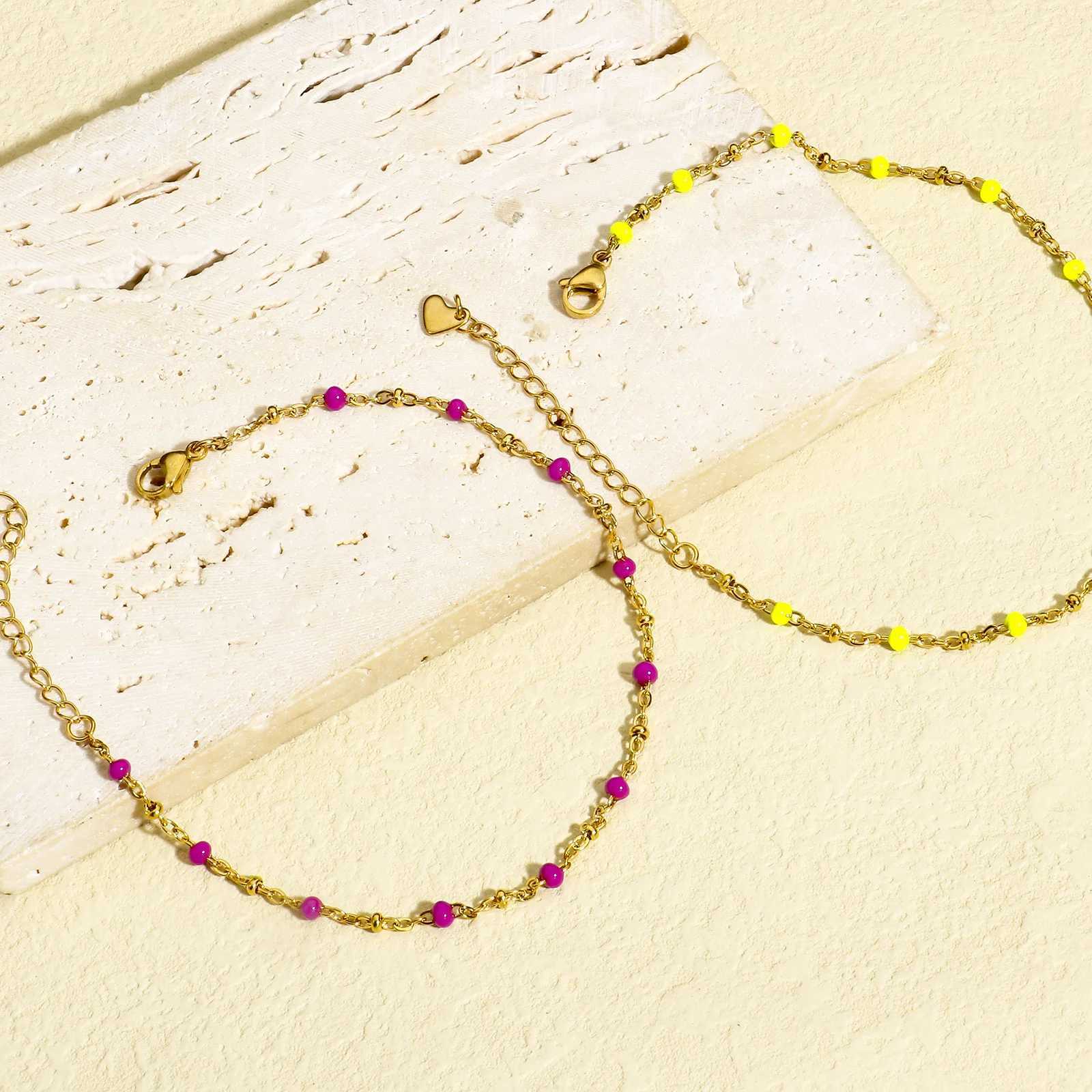 1PCs 304 Stainless Steel Link Chain Anklet Multicolor Enamel Bead Anklet For Women Summer Beach Bracelet Foot Jewelry 22cm long W250604