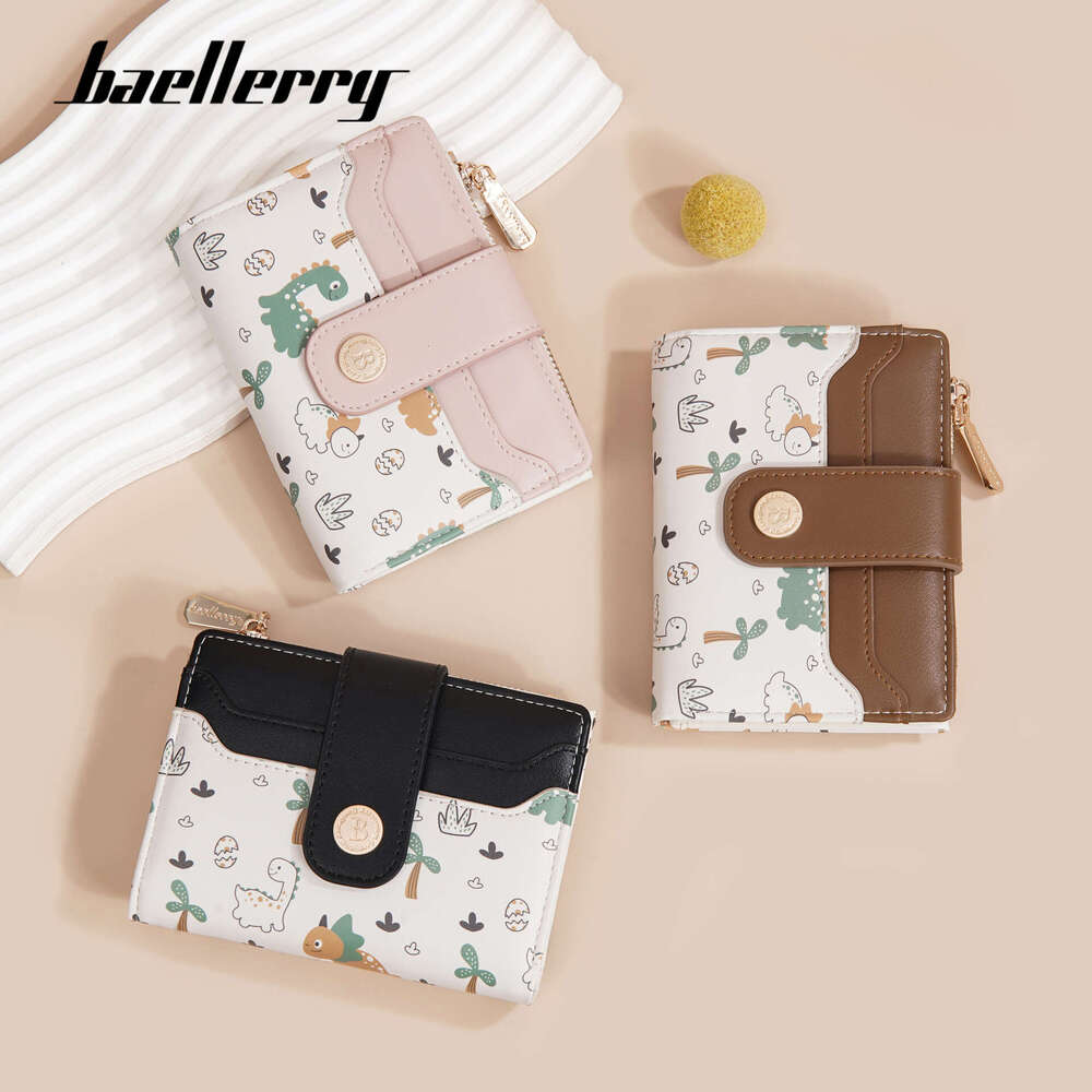 New Women's Short Baellerry Korean Version Cartoon Dinosaur Print Snap Button Wallet Zipper Coin Purse