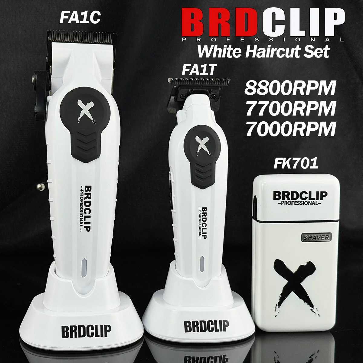Professional BRDCLIP FA1C FA1T FK701 White SET 8800/7700/7000RPM DLC FADE Blade Barber Clipper Shaver Electric Trimmer With BaseXJ250604