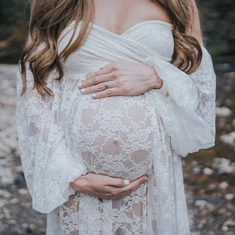 Maternity Dress Soft Stretchy Lace Off Shoulder Doubly Split A line Skirt Pregnancy Maxi Gown for Poshoot 250530