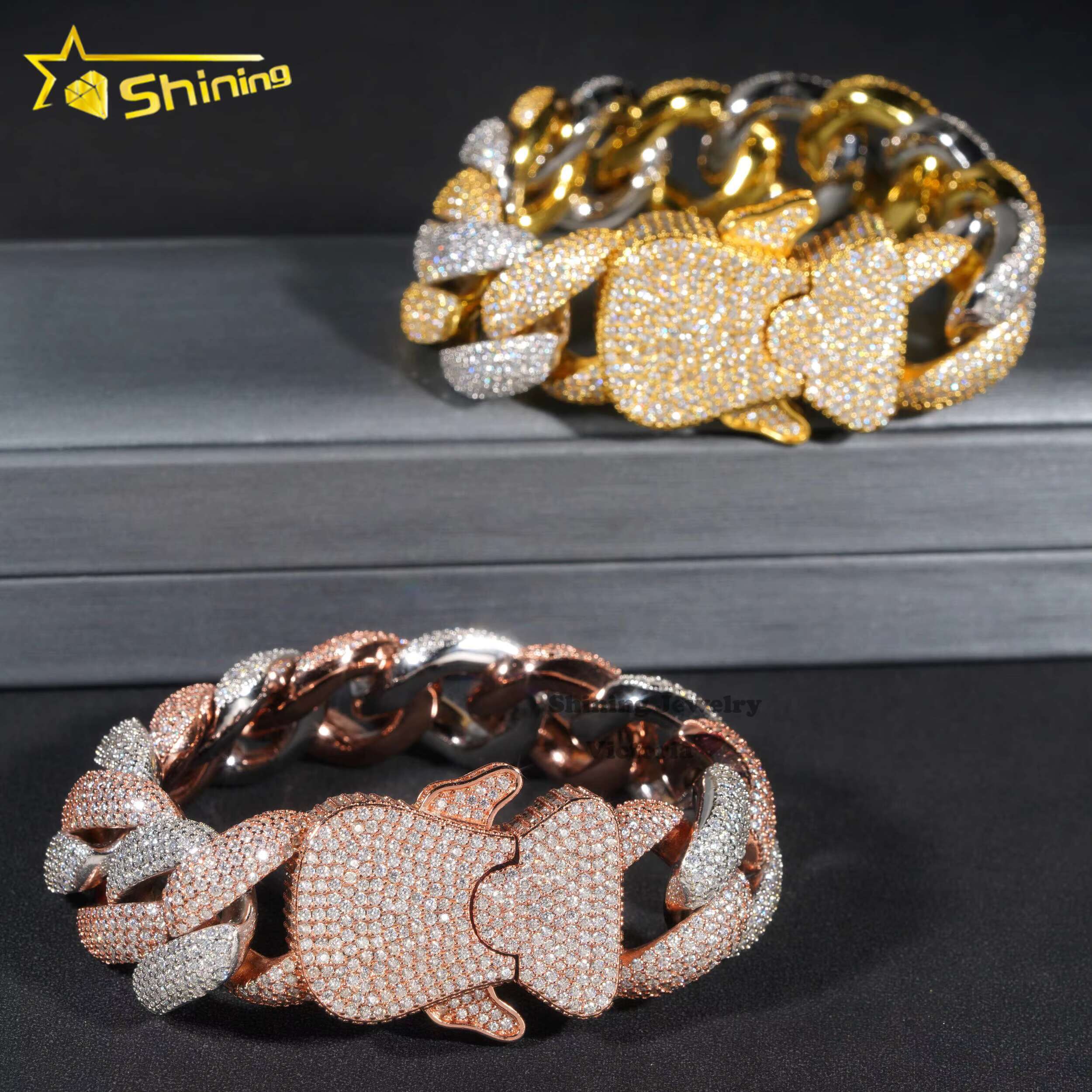 New Arrival Men Hip Hop Jewelry 23MM Special Clasp Solid Silver 925 Two Tone Custom VVS Moissanite Diamond Cuban Link Bracelet