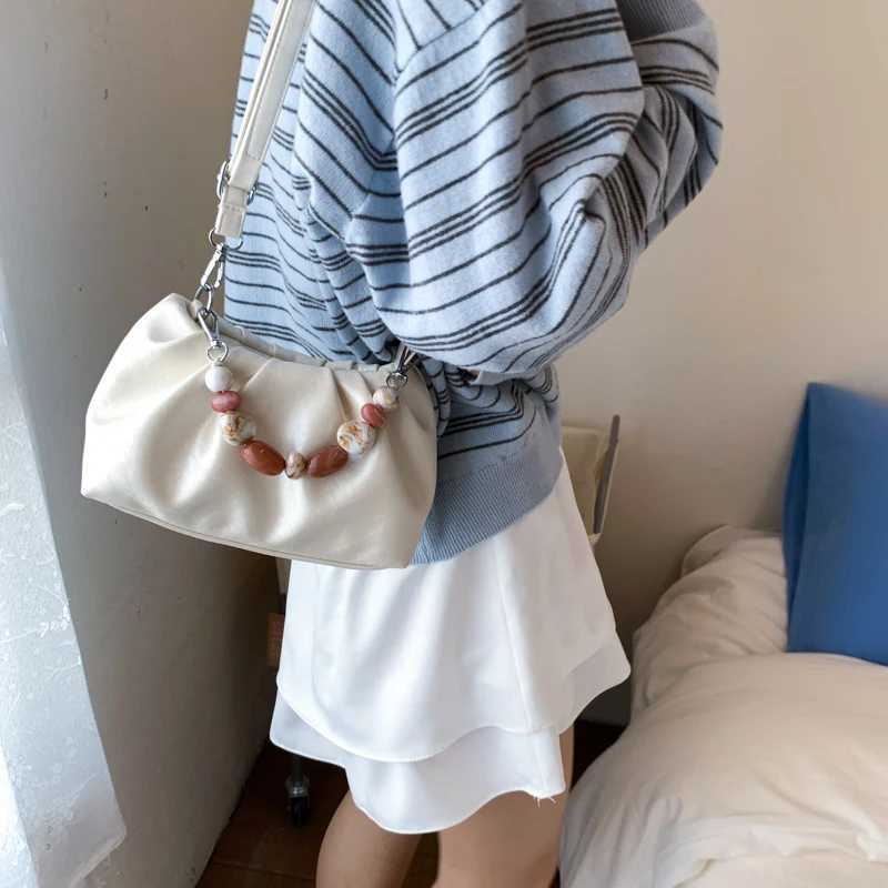 Retro Beading Crossbody Bag For Women 2025 New Solid PU Cloud Bags Summer Commuting Shoulder Purse Fashion Versatile Handbag XJ250604