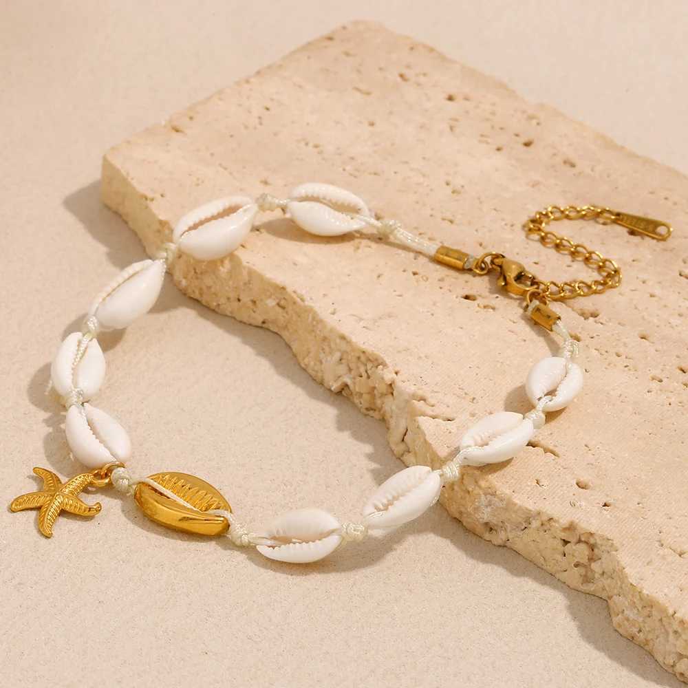 E.B.belle 18K Gold Plated Summer Beach White Shell Starfish Anklet Chain Stainless Steel Hypoallergenic Women Foot Jewelry W250604