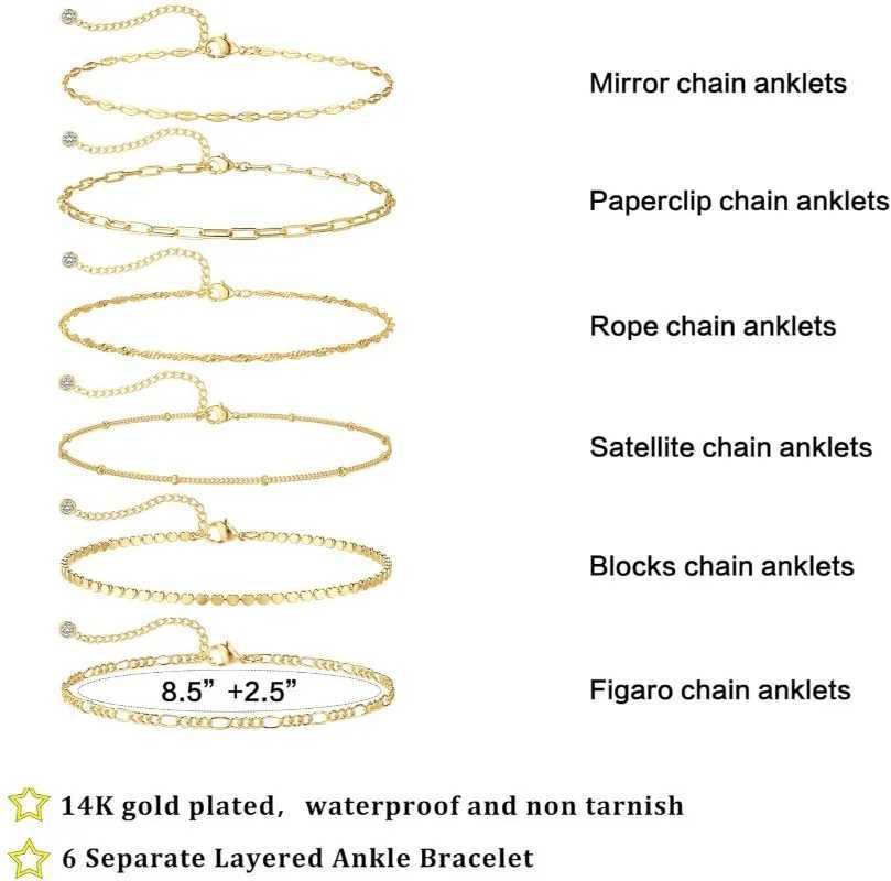 Waterproof Ankle Bracelets for Women Girls 14K Gold Plated STAINLESS STEEL/Alloy 6PCS Anklets Set Dainty Summer Beach Jewelry W250604