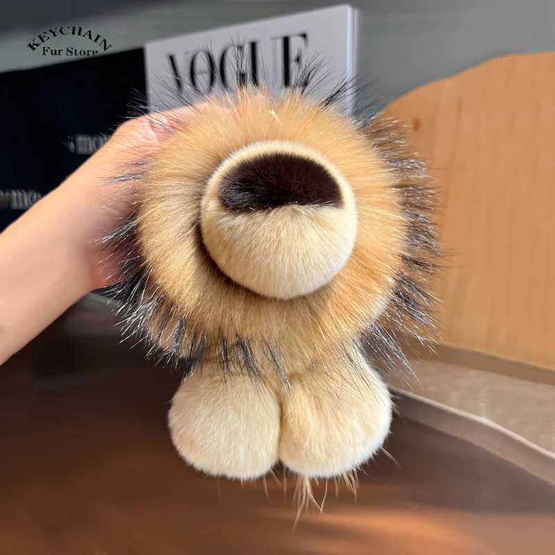 Cute Lion Real Rex Rabbit Fur Keychain Plush Toys Trinkets Women Bag Ornaments Pendant Car Keyring Rearview Mirror Decoration W250604
