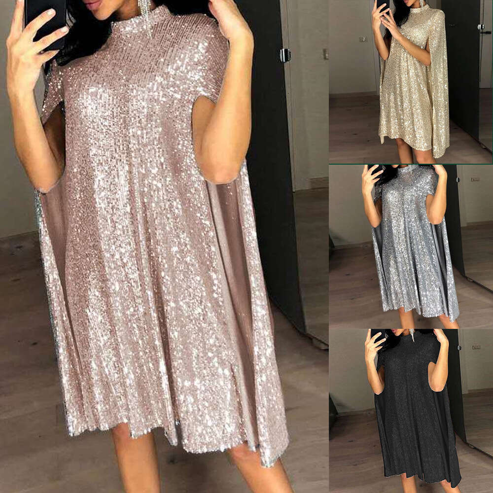 Spring New Style Small Stand Collar Sequin Dress Loose Women's Fashion B5