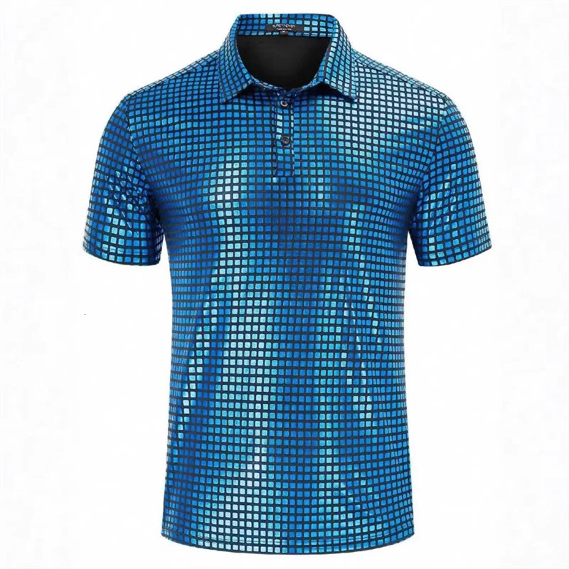 Fashion Men Short Sleeved Checkered Breathable Polo Shirt Red Blue Gold Homme High Street Casual Small Stretch Pullover Tops 250604Z