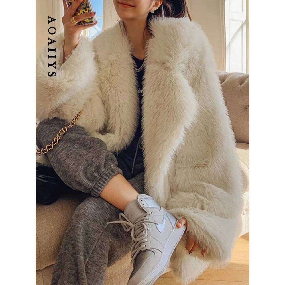 Aoaiiys Autumn Winter Jacket Women Faux Fur Coats Elegant Turn-Down Collar Solid Soft Shaggy Coat Female Thicken Warm Outerwear