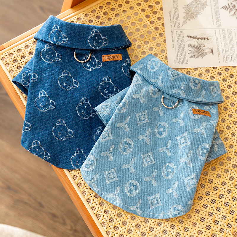 Dog Jean Jacket, Denim Lapel Coat Jacket Costume, Fashion Pattern Embossing Girl Boy Puppy Cat Clothes with D-ring, Warm Comfort Apparel for Small Med