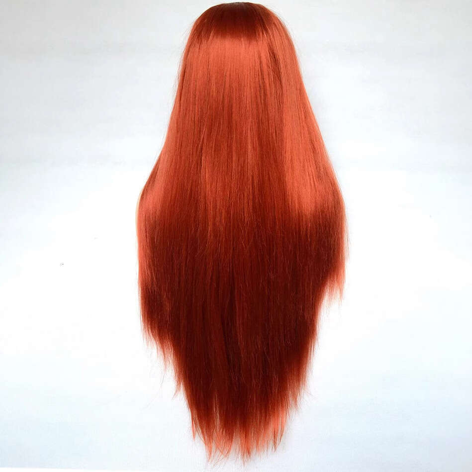 Brown Red Women's Handwoven Front Lace 350#Long Straight Synthetic Hair Wig With Half Hand-Tied Bangs