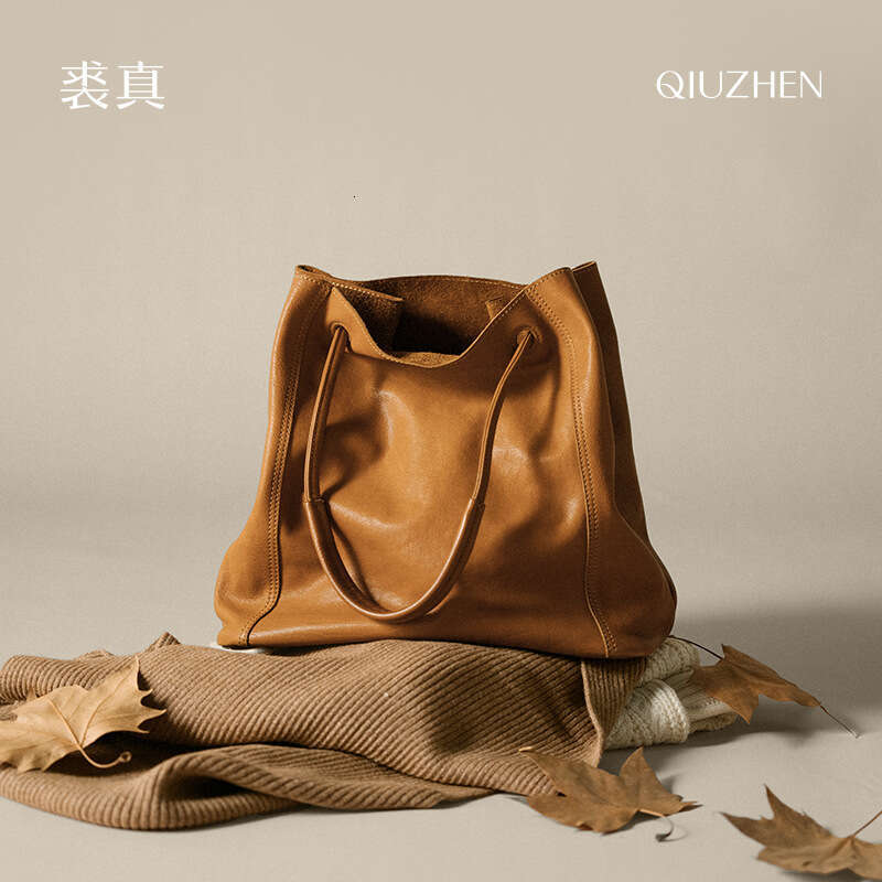 Women's Bags Designer Qiuzhen Bucket For Women, Crossbody Commuter Large Capacity Tote Bag, Genuine Leather Niche Tanned Cowhide Bag