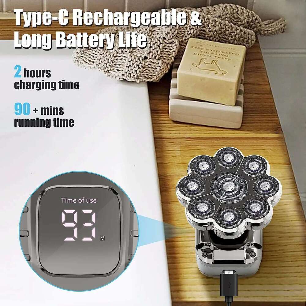 9D For Bald Men Electric Shavers Rechargeable Head Razor Ipx7 Waterproof Rotary Shaver With LED Display