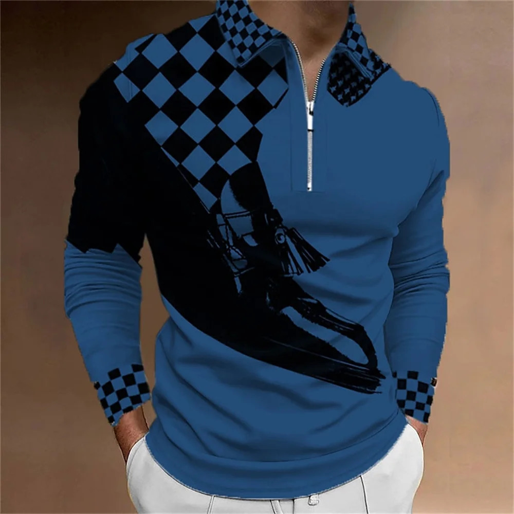 Mens Polo Shirt Golf Plaid Prints 3D Print Street Long Sleeve Zipper Clothing Apparel Sports Fashion Streetwear 250604Z