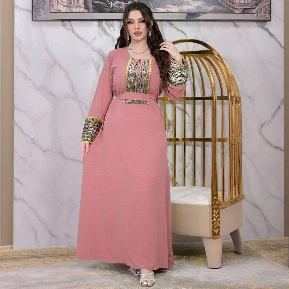 Because0377 Jalabiya Neck Tie Design Sequin Patchwork Small Lace Evening Dress B5