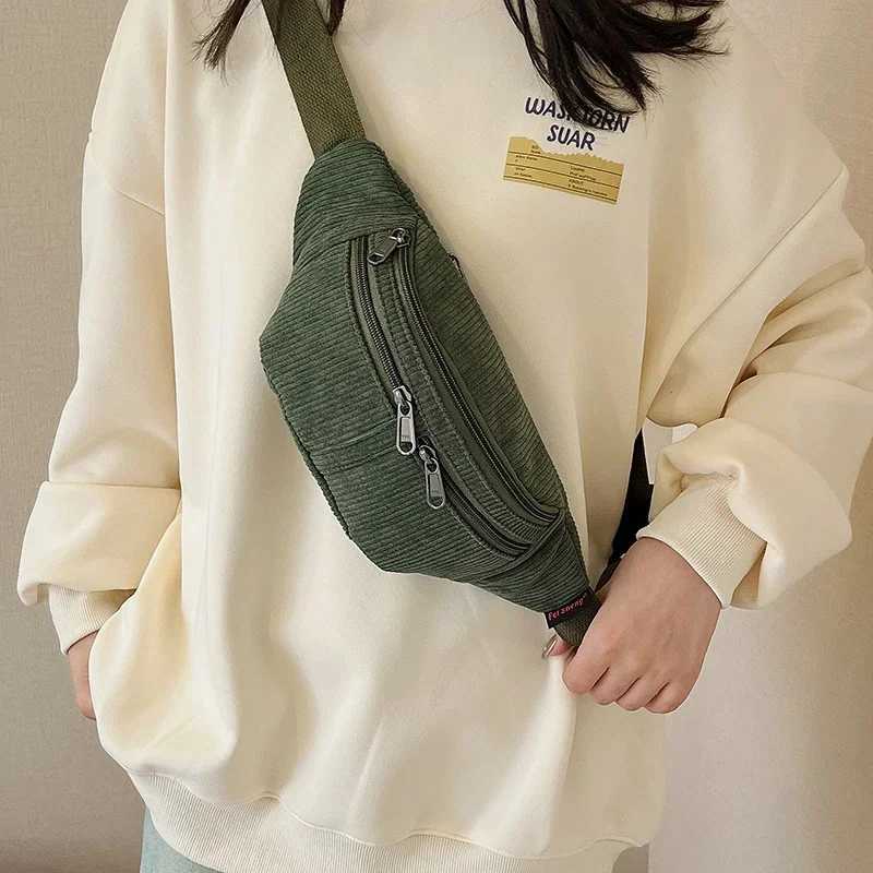 Black Waist Bag Big Corduroy Fanny Pack Womens Purse Casual Large Phone Belt Bag Multi Zipper Pocket Travel Crossbody Bag W250604