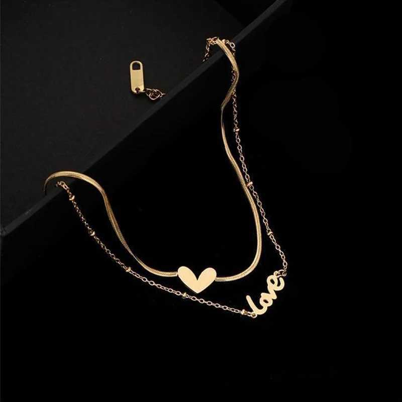 LOVE Heart Anklet Foot Bracelet for Women 2-layer Stainless Steel Gold Color Fashion Jewelry Gift (A005) W250604