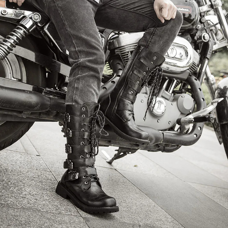 Large Size 38-46 Mens PU Leather Motorcycle Boots Mid-calf Breathable Combat Boots Gothic Belt Punk Boots Men Rock Punk Shoes 250528
