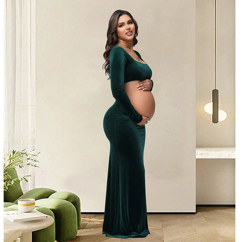 Maternity Pography Dress Velvet Sexy Exposed Belly Long Sleeve Backless Square Neck Women Poshoot Dress 250530