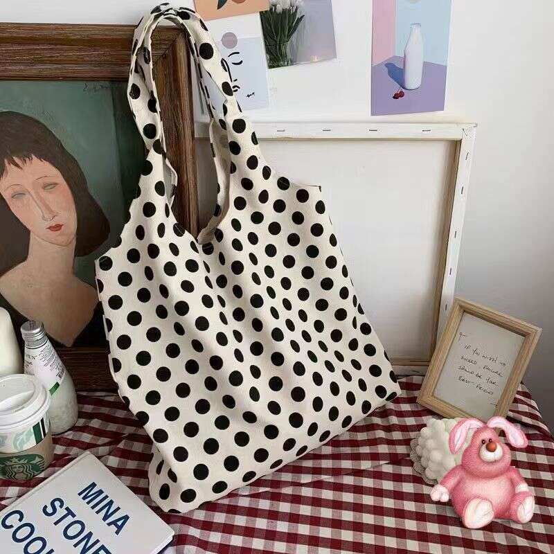 Polka Lazy Style Women's Handbag DIY Artistic Eco-friendly Shopping Large Capacity Round Dot Canvas Bag