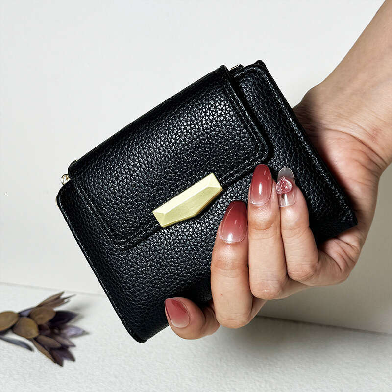 Short INS Lychee Texture High-end Small Fold 70% off Multi-card Slot Women's Leather Wallet