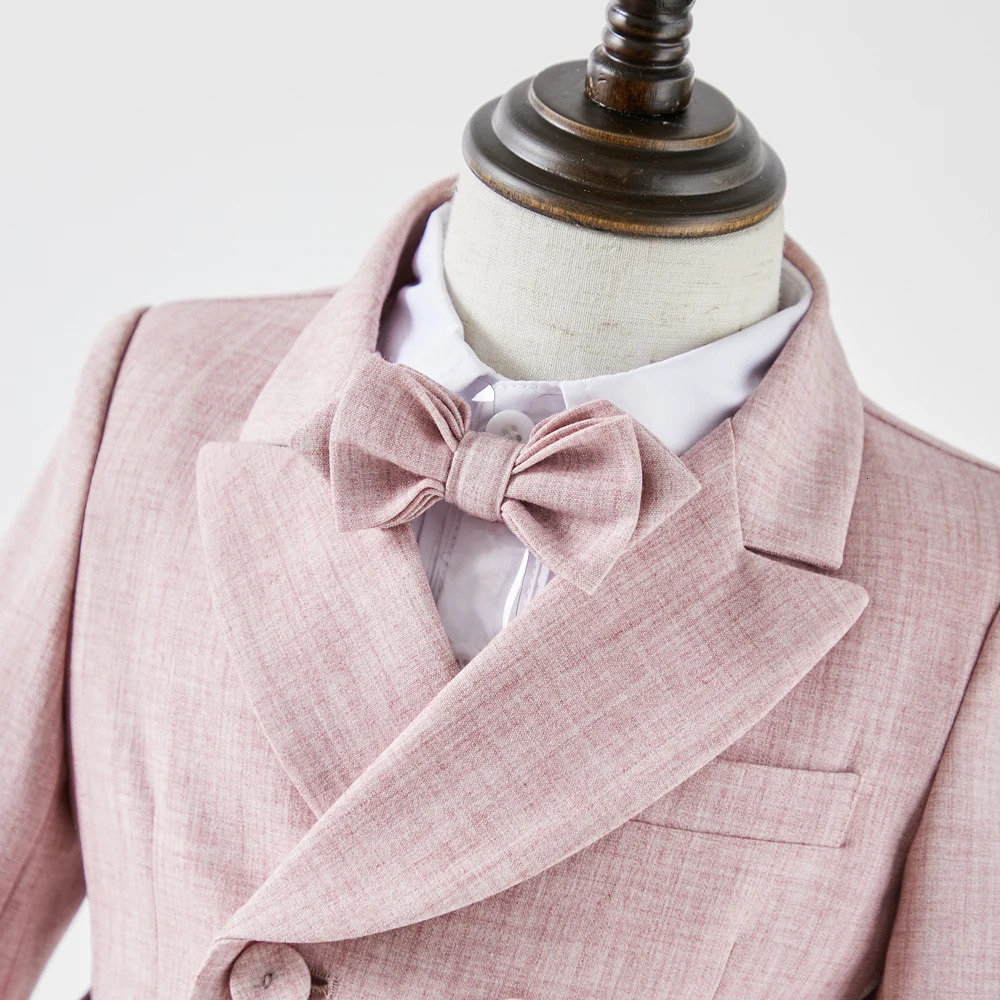 Pink Boys Suit For Weddings Birthday Little Boy Gentleman Outfit Formal Suits Children Coat Strap Shorts Bow Tie Clothes Set 250530