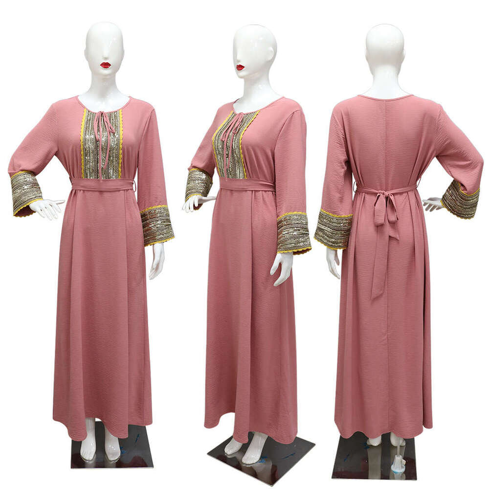 Because0377 Jalabiya Neck Tie Design Sequin Patchwork Small Lace Evening Dress B5