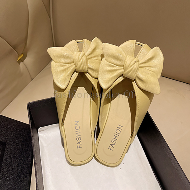 Designer sandals Women slides bow tie half slippers Summer Outdoor Fish Mouth Flat Bottom Sandal Daily Casual French lazy flip-flops Soft leather wome