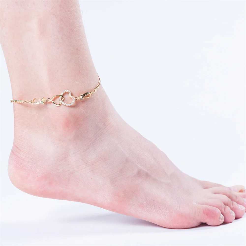 Vintage Hollow White Zircon Love Heart Flower Anklets For Women Gold Color Chain Ankle Bracelet Summer Beach Anklet Boho Jewelry W250604