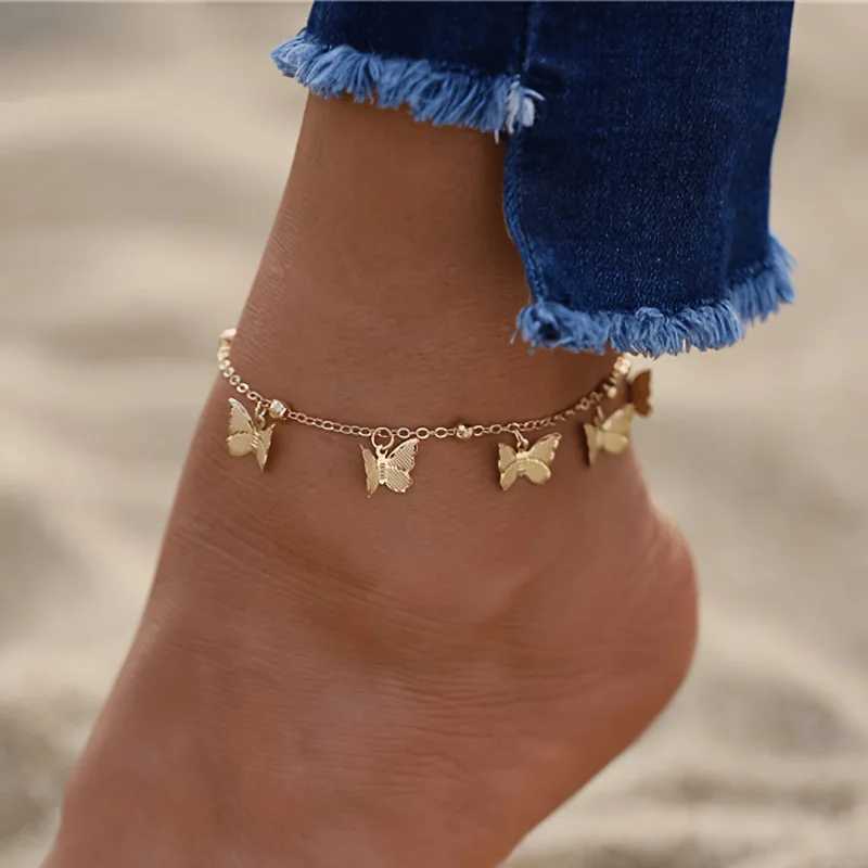 Minimalist Metal Butterfly Pendant Ankle Chain Bohemian Gold Color Anklets Womens Summer Beach Foot Chain Sexy Body Jewelry W250604