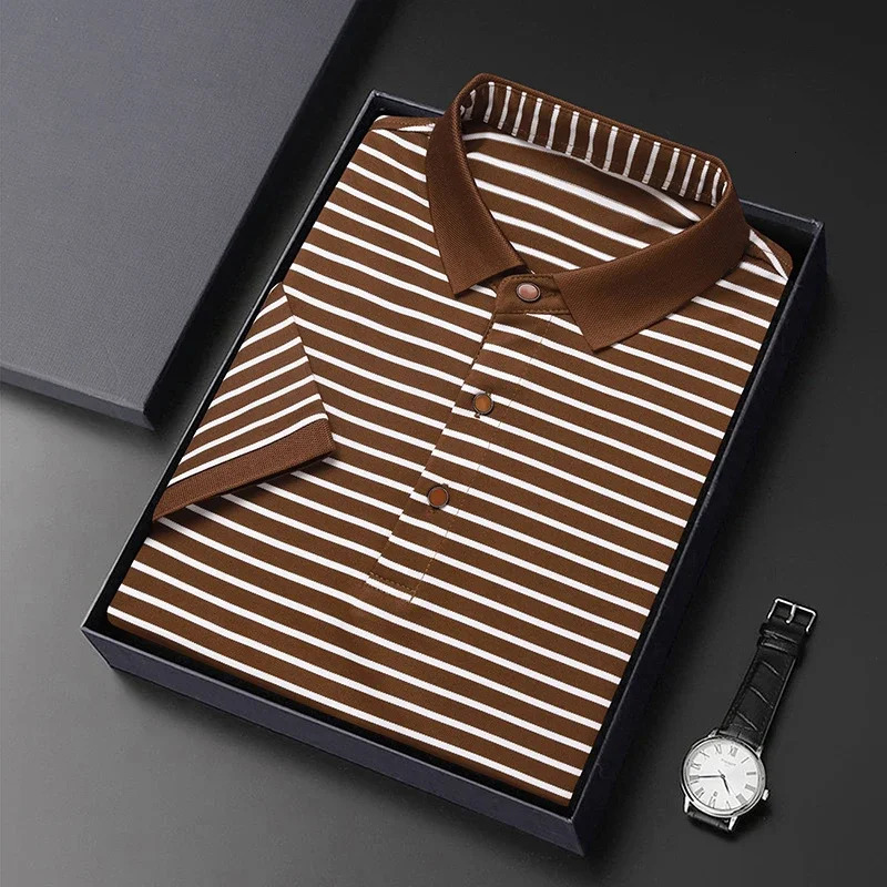 2024 Mens Striped Cotton Business Casual Short Sleeved POLO Shirt Fashion Comfortable and Breathable Top y250604Z