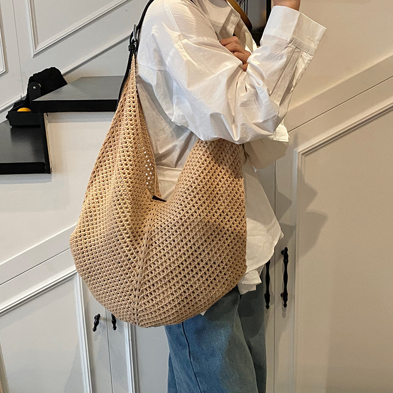 designer Summer Korean Niche Fashion Versatile Woven Rope Hollow Tote Design Mesh Handbag Mother and Child Bag Single Shoulder Large Bag