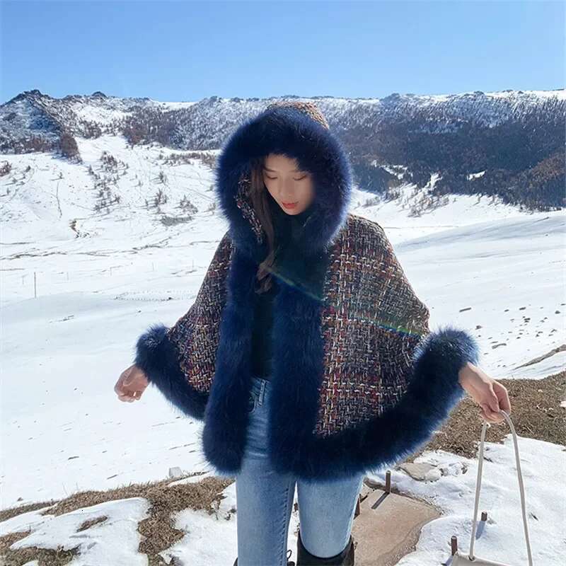 2025 Winter Thick Tweed Jacket Women Big Collar Hooded Shawl Cloak Fur Coat Female Loose Casual Woolen Ponchos And Capes