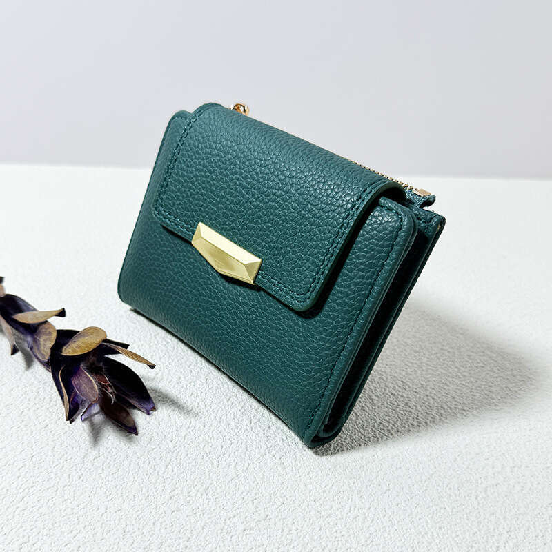 Short INS Lychee Texture High-end Small Fold 70% off Multi-card Slot Women's Leather Wallet