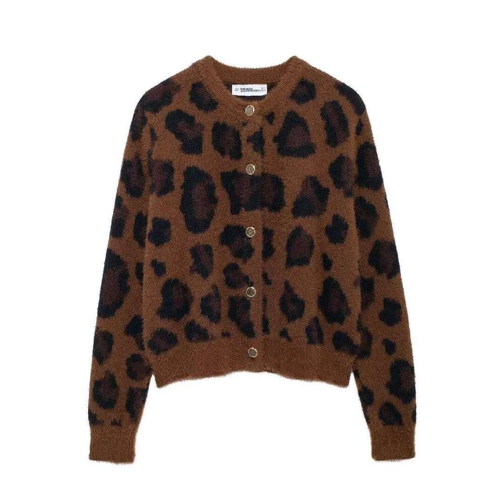 Women's Fashion Autumn Winter New Animal Print Jacquard Sweater Faux Fur Knit Cardigan Coat B5