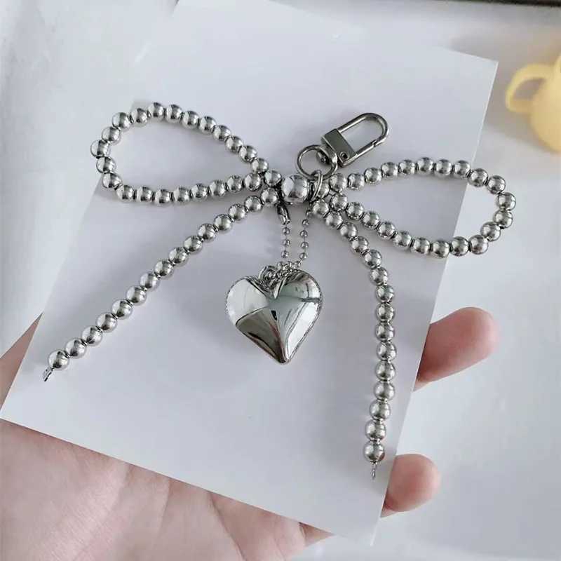 Bowknot Heart Bag Pendant Keychain Beaded Keyring White Pearl Bow Keychain Decoration For Bags Phones Car Korean Accessories W250604