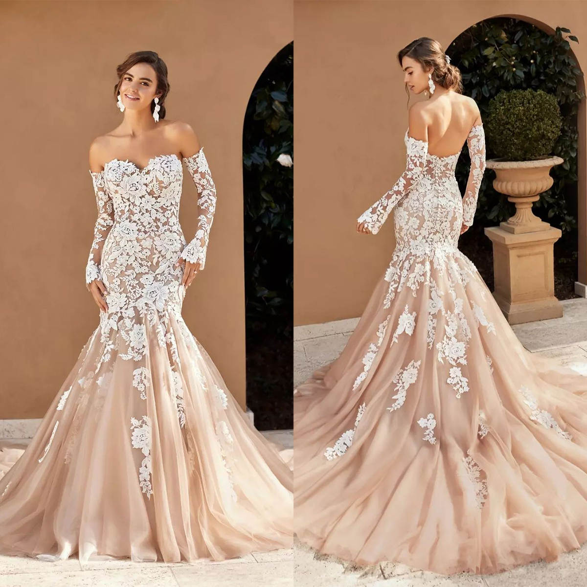 Beach Mermaid Wedding Dresses Lace Appliques Off Shoulder Long Sleeve Bridal Gowns Sexy Customized Backless Bride Dress