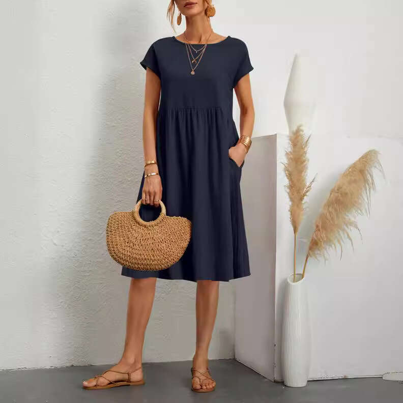 Fashion Summer OL Style Women's Cotton Linen Round Neck A-Line Plus Size Loose Dress B5