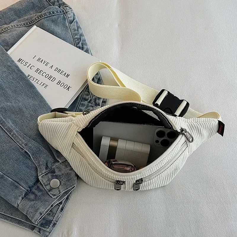 Black Waist Bag Big Corduroy Fanny Pack Womens Purse Casual Large Phone Belt Bag Multi Zipper Pocket Travel Crossbody Bag W250604
