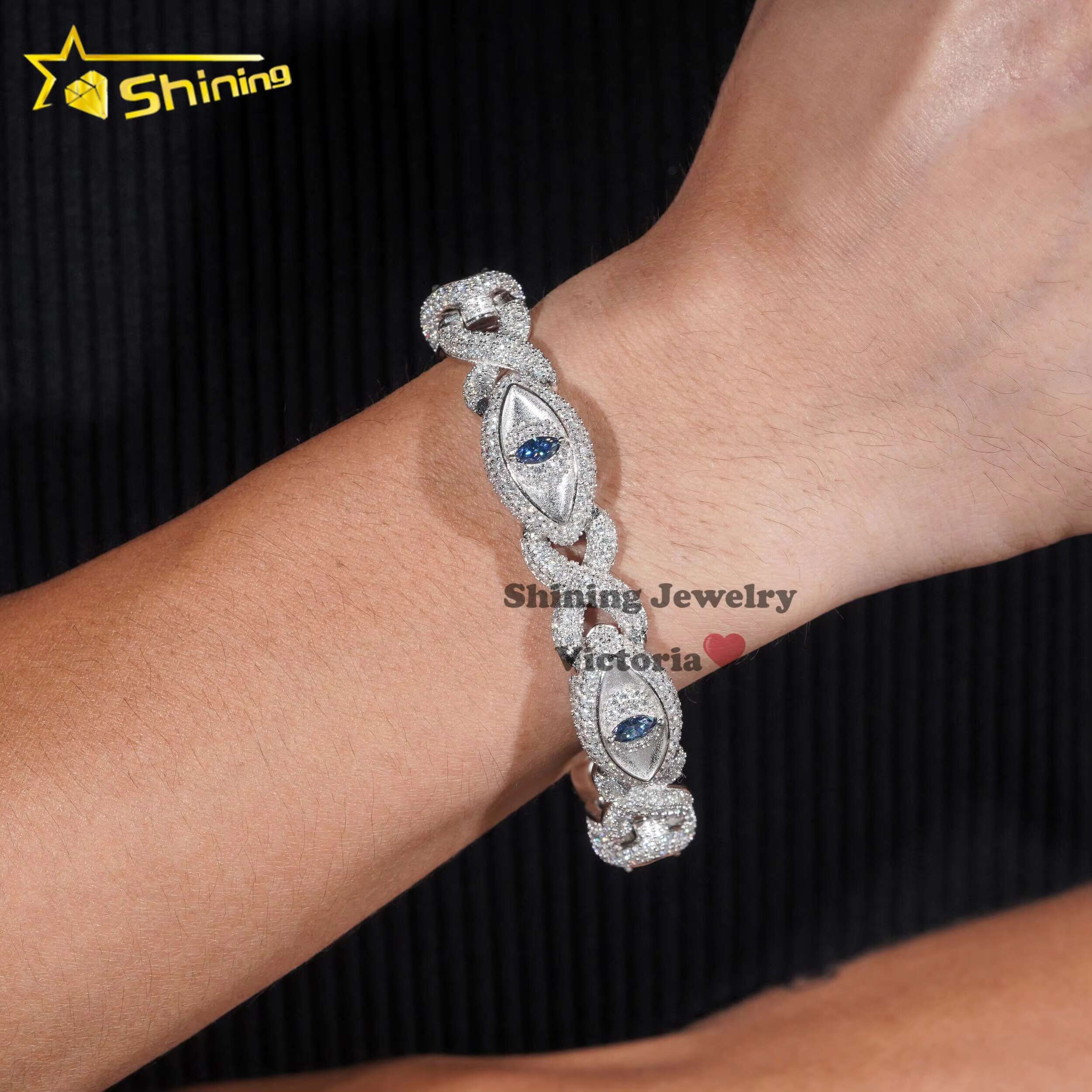 New Trendy 13mm Hip Hop Men Jewelry 925 Sterling Silver Fully Iced Out Vvs Moissanite Diamond Evil Eyes Cuban Bracelet
