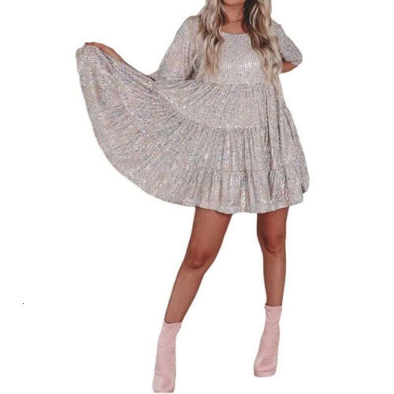 Spring Summer European and American Sequin Short Sleeve Round Neck Ruffle Loose Dress 2025 Elegant Versatile New Trendy Fashion Ins