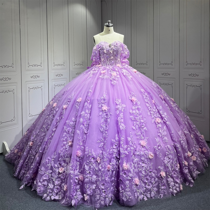 Lavender Quinceanera Dresses Ball Gown Off The Shoulder Applique Flower Beading Tull Party Birthday Sweet 16 Dress Vestidos 15 De Anos