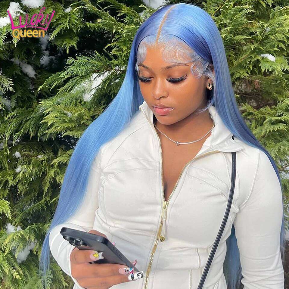13X4 13x6 Haze Straight 613 Colorful Wigs 180 Density Transparent Lace Frontal Human Hair For Women Pre Plucked Light Blue